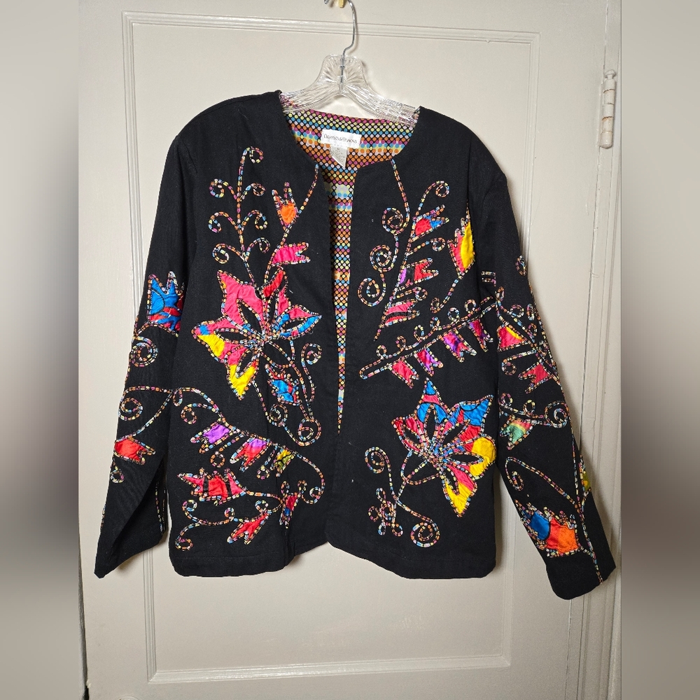 Embroidered Black Jacket with Multicolor Floral Design